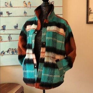 BDG Teal and Rust Plaid Teddy Coat